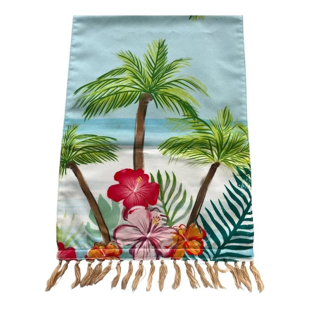 Tropical Palm Tree Table Runner – 36x13 – Blue Hibiscus Beach Scene with Fringe